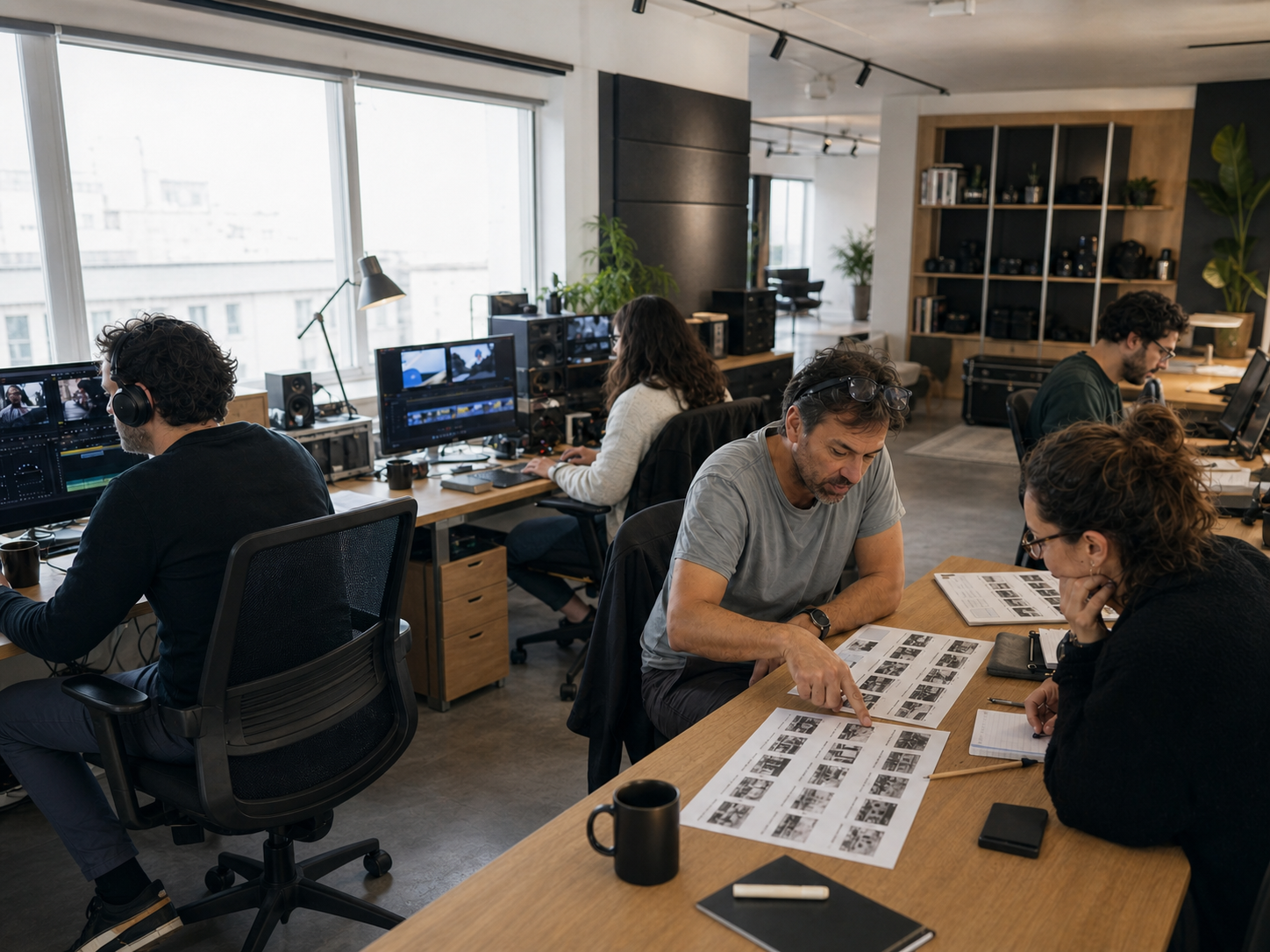 Equipo de una productora audiovisual trabajando en edición y planificación de un spot